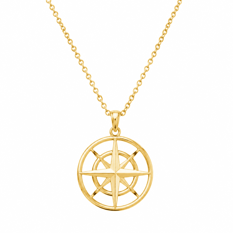 Geometric Hollow 18K Gold Compass Necklace: A Luxury Gold Geometric Necklace & Stainless Steel Compass Pendant for B2B Jewelry Brands